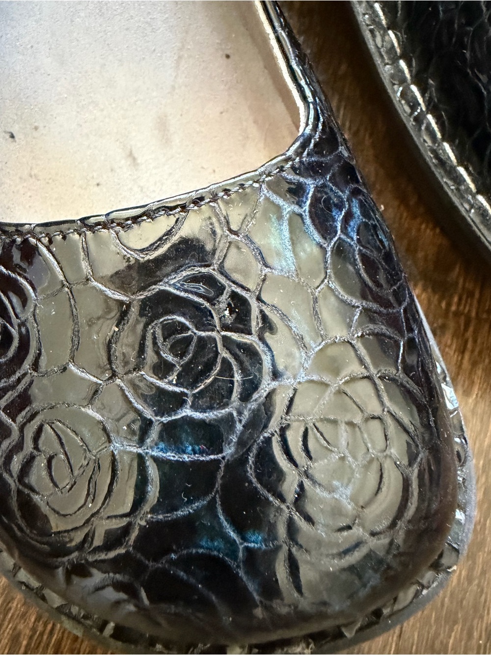 Alegria Black Patent Mary Jane Shoes with Floral Embossing - Picture 2 of 6